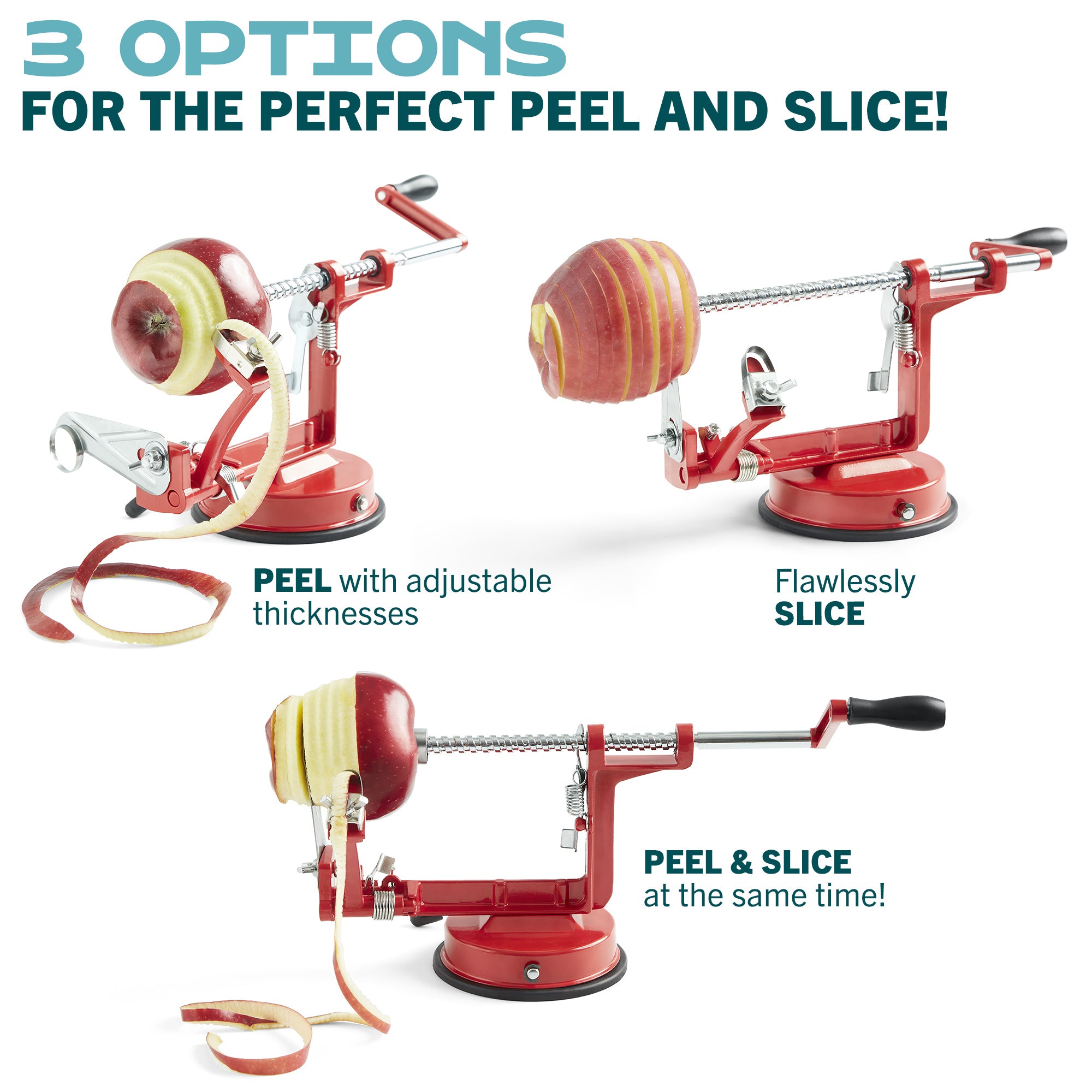 Apple Peeler Fruit Slicer Corer with Stainless Steel Blades and Suction  Base Red